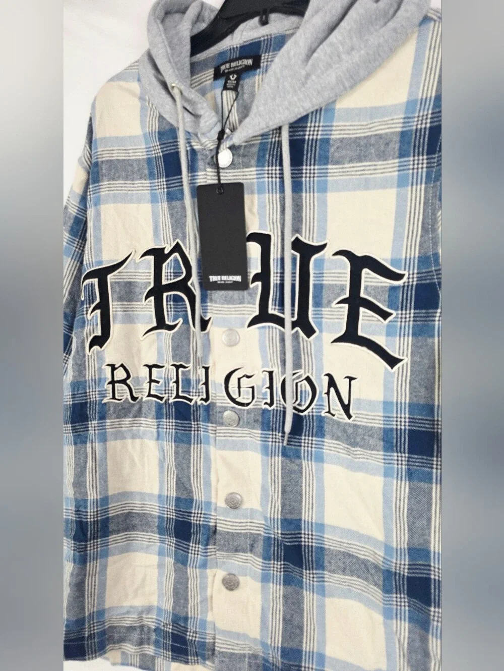$119 True Religion Mens hooded flannel shirt